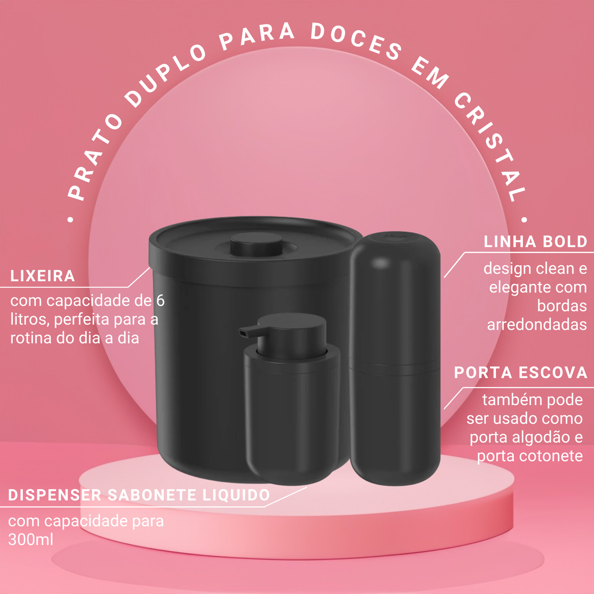 Conjunto Bold Completo para Banheiro com 3 Peças Preto - Ou