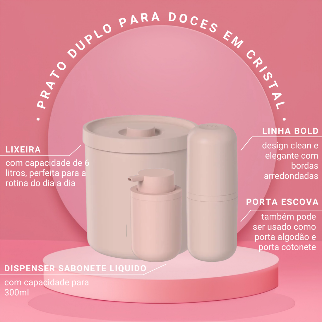 Conjunto Bold Completo para Banheiro com 3 Peças Rosa - Ou