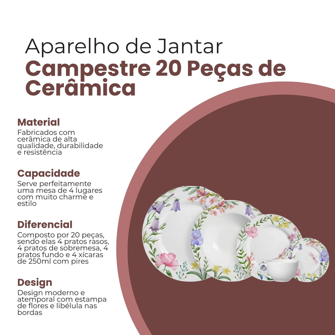 Aparelho de Jantar Campestre com 20 Peças de Cerâmica - Alleanza