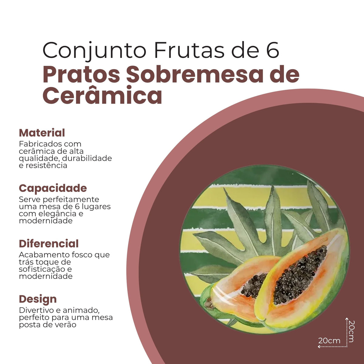Conjunto 6 Pratos de Sobremesa Frutas de Cerâmica 20cm - Scalla
