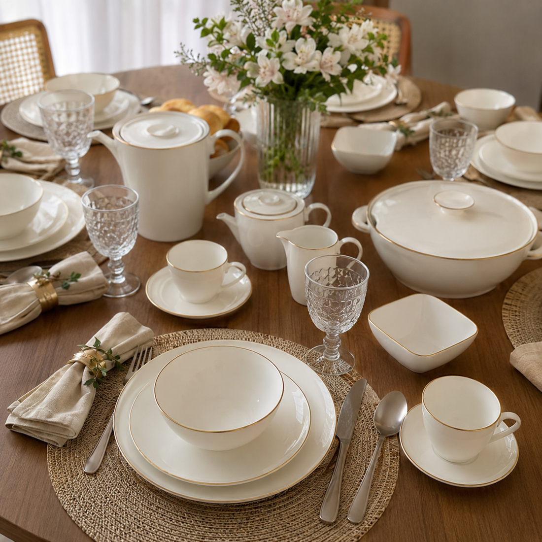 Aparelho de Jantar Adelle com 50 Peças de Porcelana com Fio de Ouro - L'Hermitage
