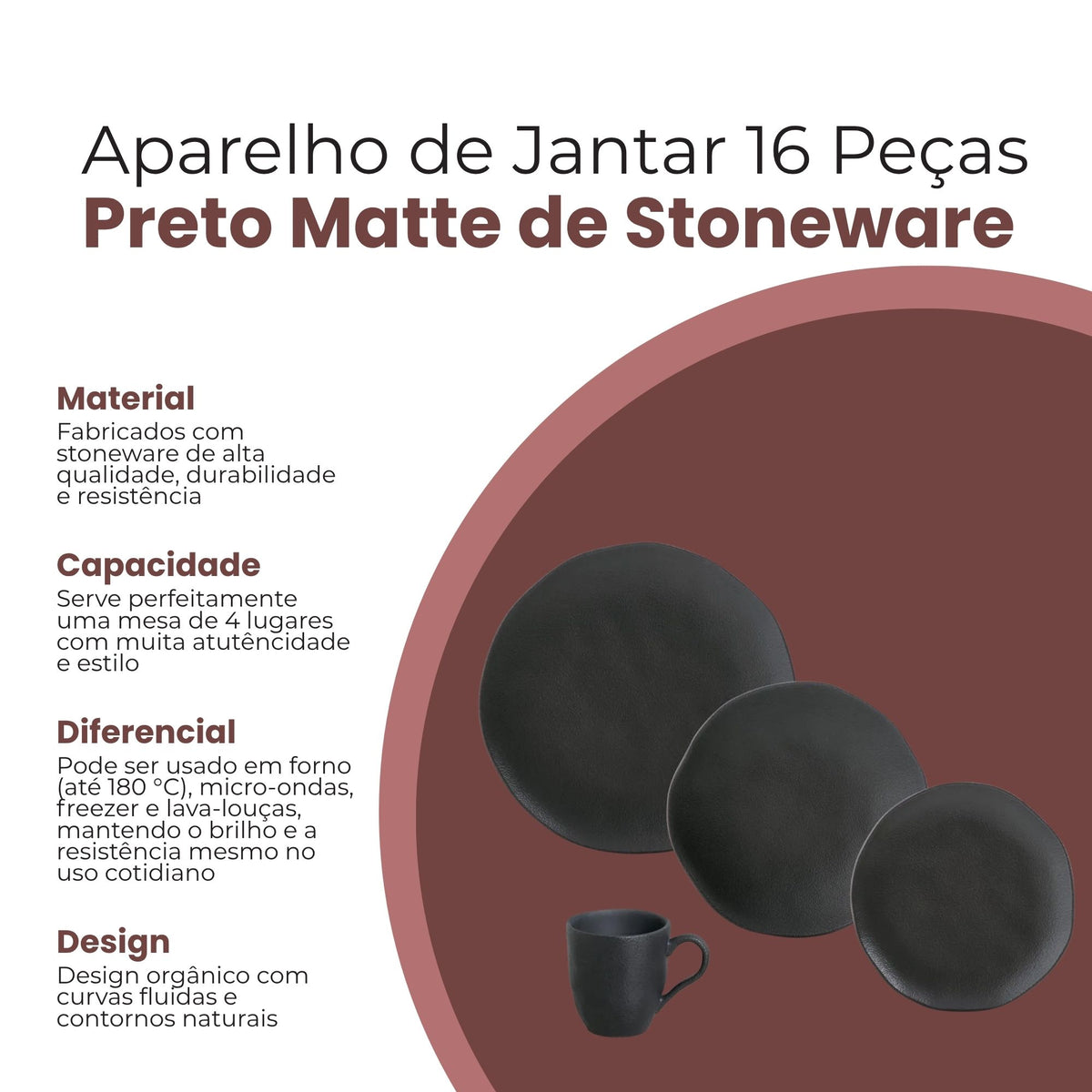 Aparelho de Jantar Orgânico Preto Matte com 16 Peças de Stoneware - Porto Brasil