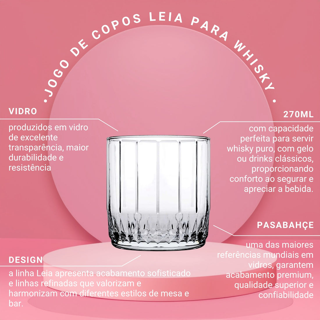 Jogo de 6 Copos de Vidro para Whisky Leia 270ml - Pasabahçe