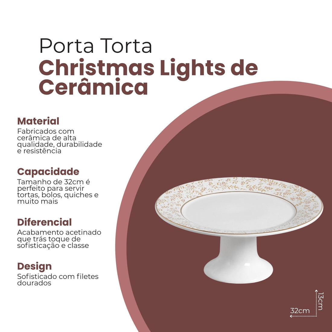 Porta Torta Christmas Lights de Cerâmica Branco 32cm - Scalla