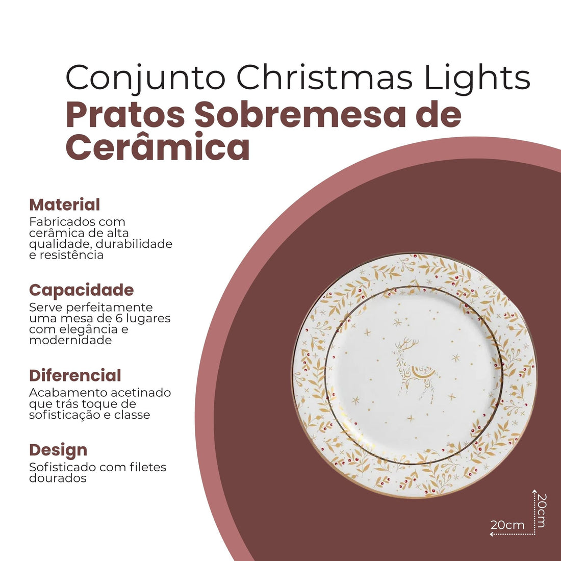 Conjunto 6 Pratos de Sobremesa Christmas Lights de Cerâmica Branco 20cm - Scalla
