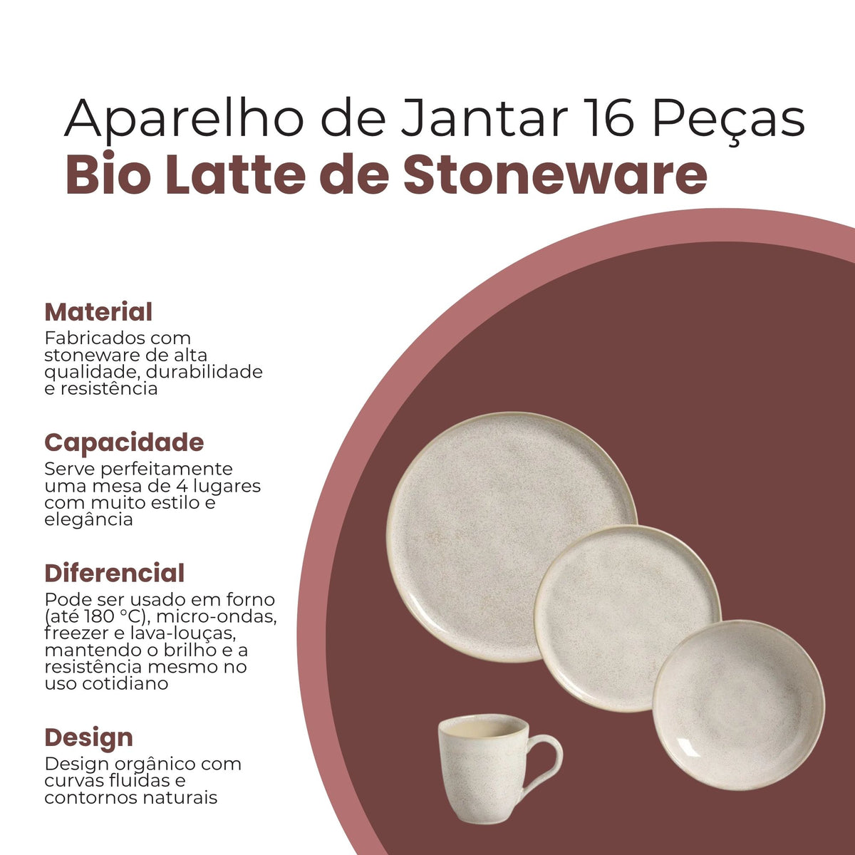 Aparelho de Jantar Bio Latte com 16 Peças Stoneware - Porto Brasil