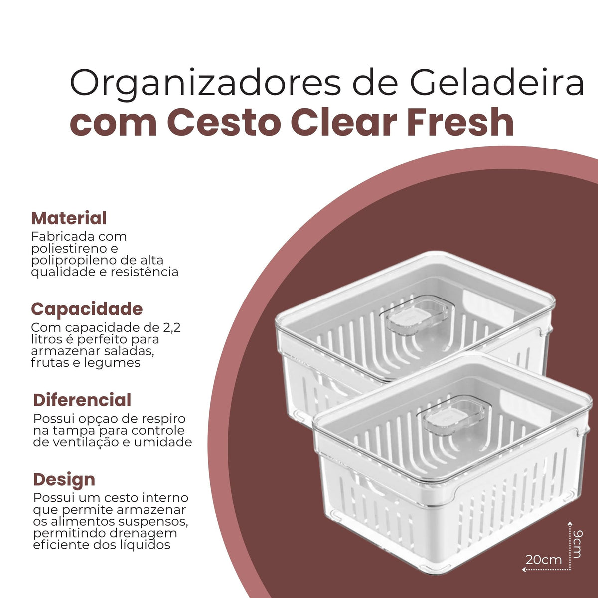 Conjunto de 2 Organizadores de Geladeira com Cesto Clear Fresh 2,2L - Ou