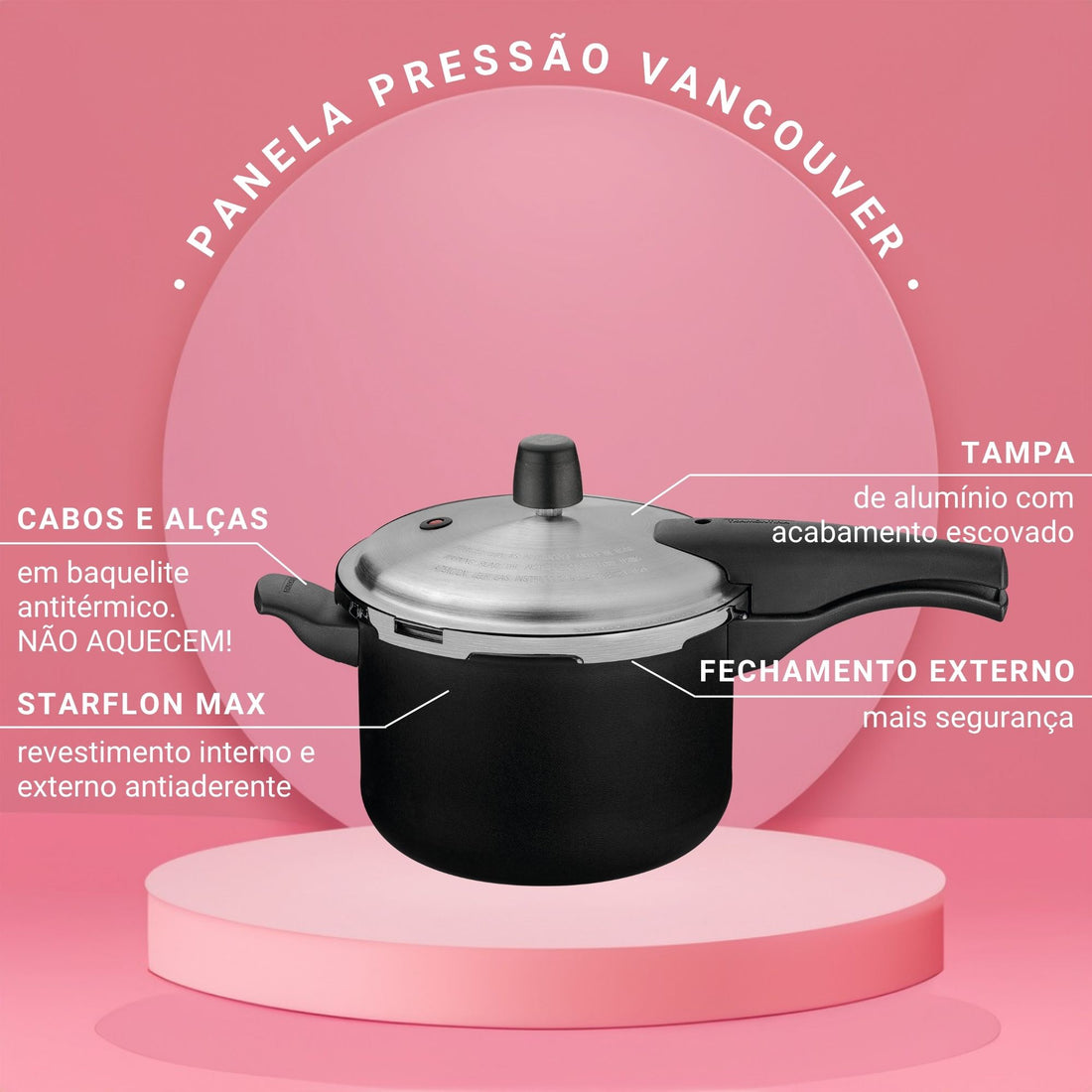  Panela de Pressão em Alumínio com Revestimento Antiaderente Starflon Max Vancouver Preto 4,5L - Tramontina