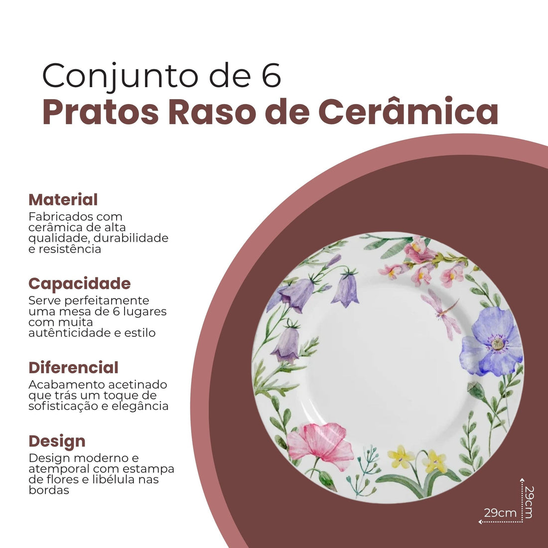 Conjunto 6 Pratos Raso Campestre de Cerâmica 29cm - Alleanza