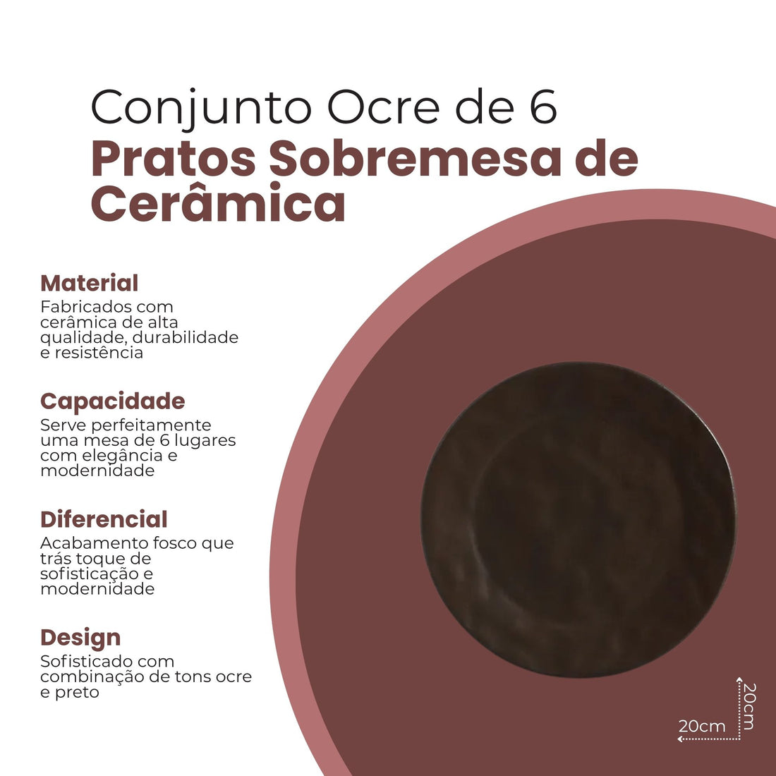 Conjunto 6 Pratos de Sobremesa Ocre Preto de Cerâmica 20cm - Scalla