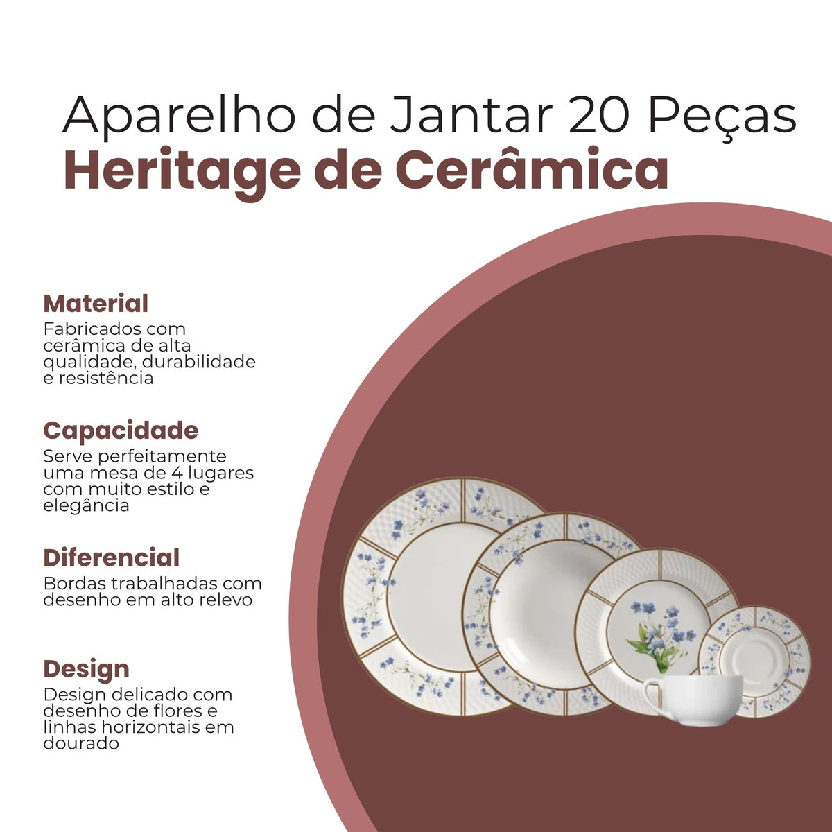 Aparelho de Jantar Heritage com 20 Peças de Cerâmica - Alleanza