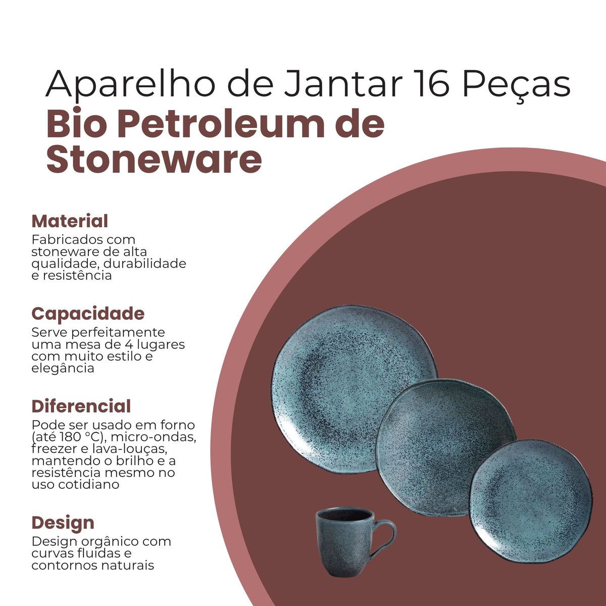 Aparelho de Jantar com 16 Peças Stoneware Orgânico Petroleum - Porto Brasil