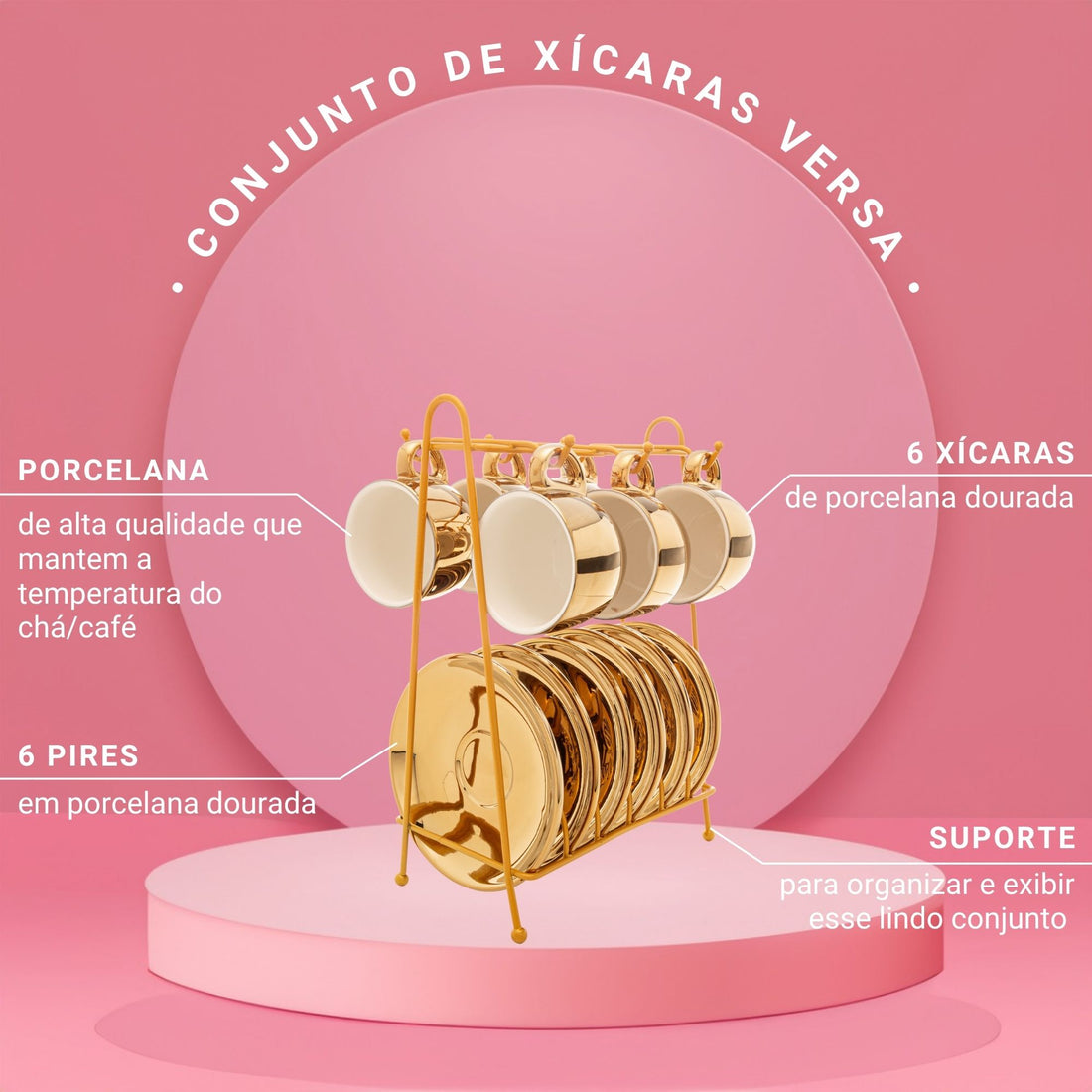 Conjunto de 6 Xícaras de Café com Pires de Porcelana e Suporte Versa Dourado 90ml - Wolff