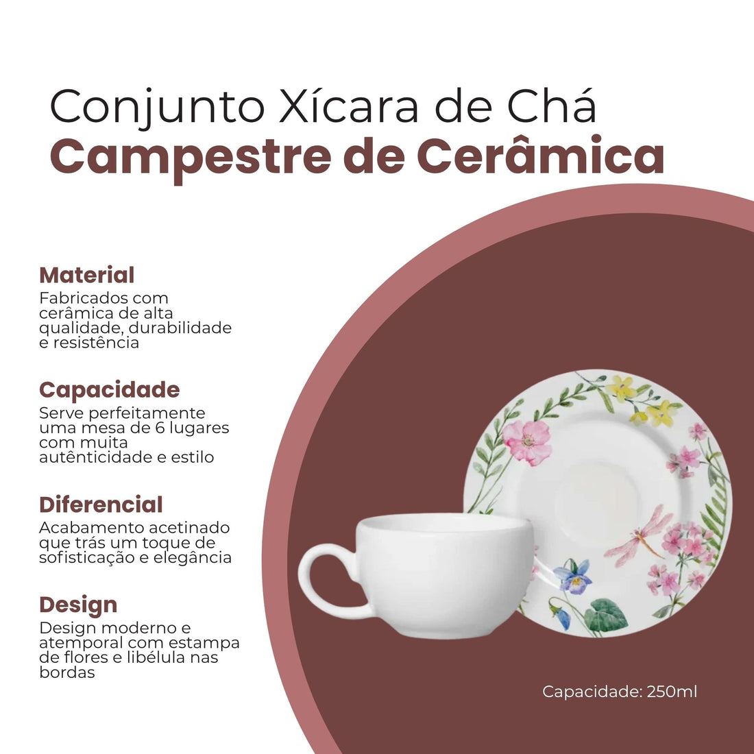 Conjunto 6 Xícaras de Chá Campestre de Cerâmica 250ml - Alleanza