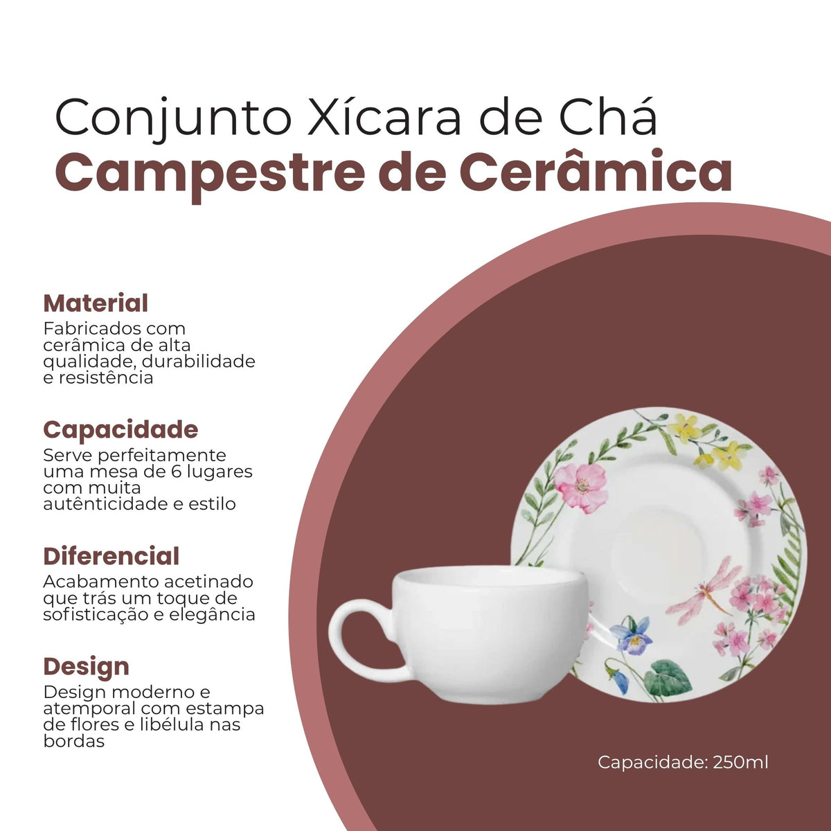 Conjunto 6 Xícaras de Chá Campestre de Cerâmica 250ml - Alleanza