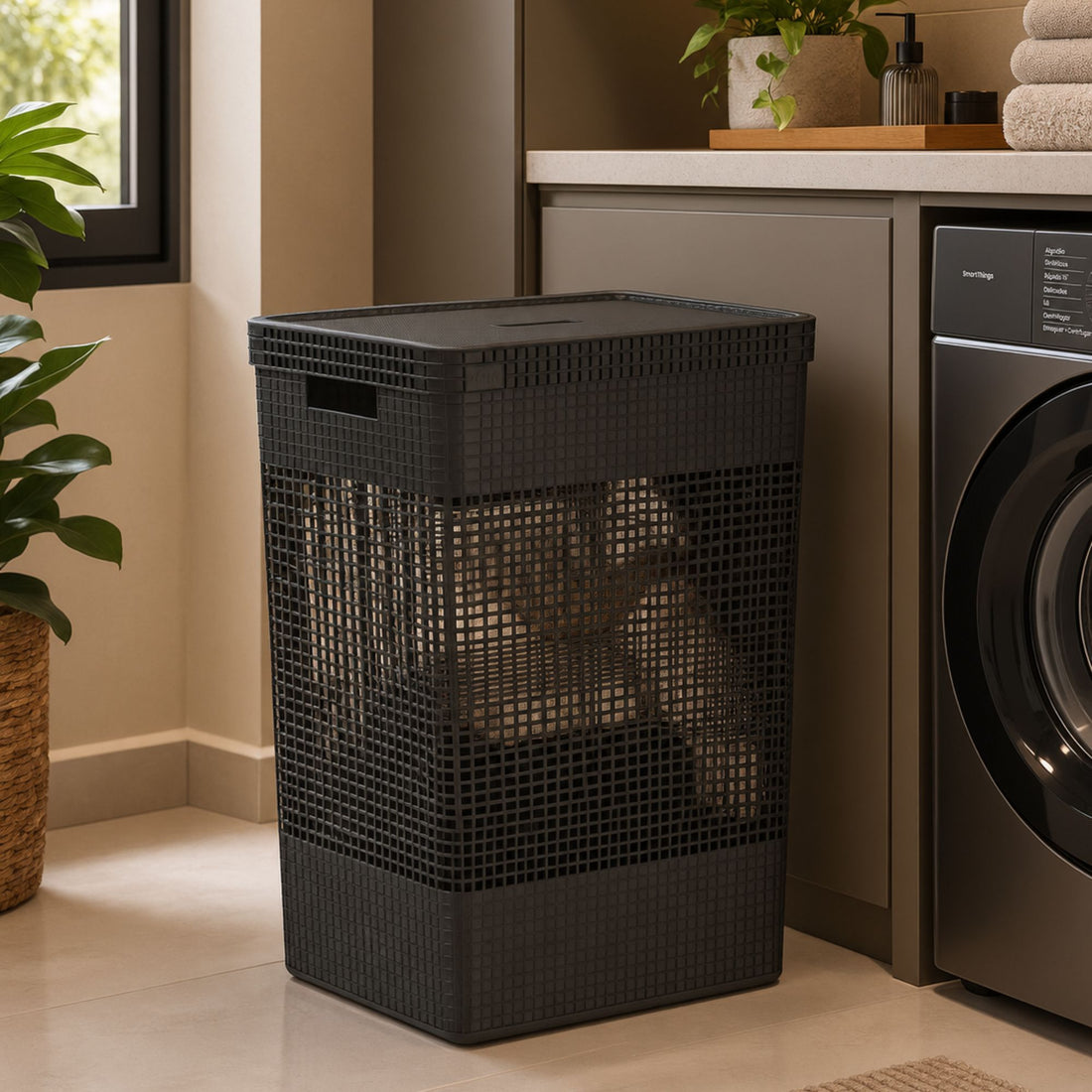 Cesto de Roupas com Tampa Grid Preto 49L - Ou