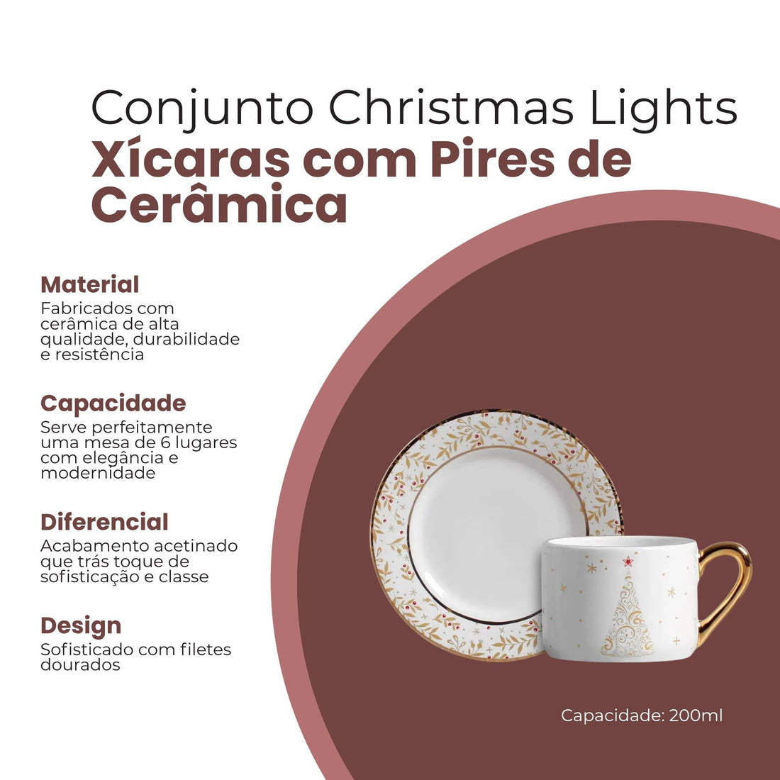 Conjunto 6 Xícaras de Chá Christmas Lights de Cerâmica Branco 200ml - Scalla