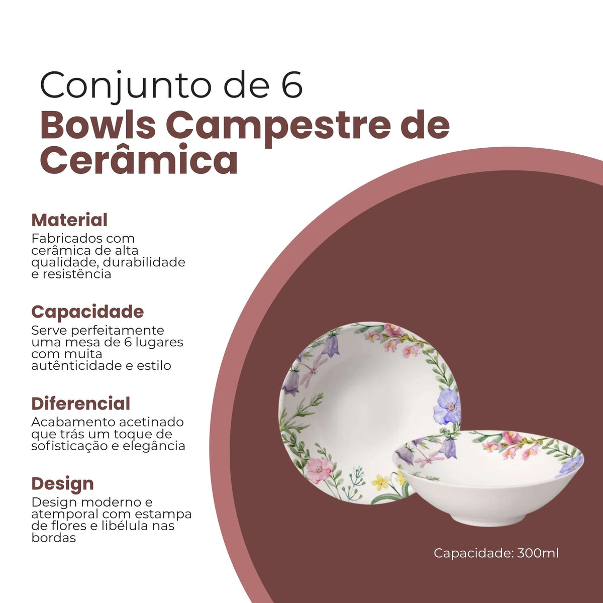 Conjunto 6 Bowls Campestre de Cerâmica 300ml - Alleanza