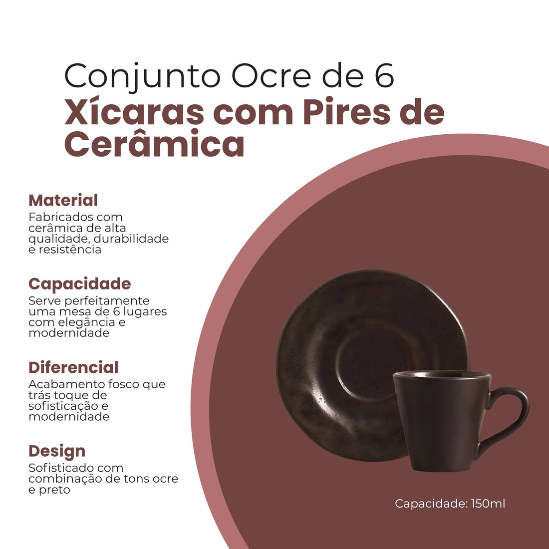 Conjunto 6 Xícaras Ocre Preto de Cerâmica 150ml - Scalla
