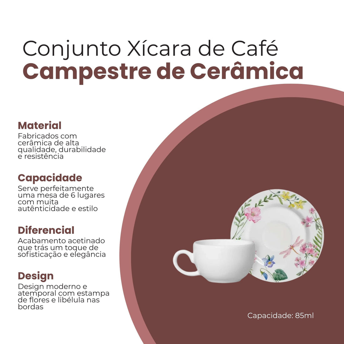 Conjunto 6 Xícaras de Café Campestre de Cerâmica 85ml - Alleanza