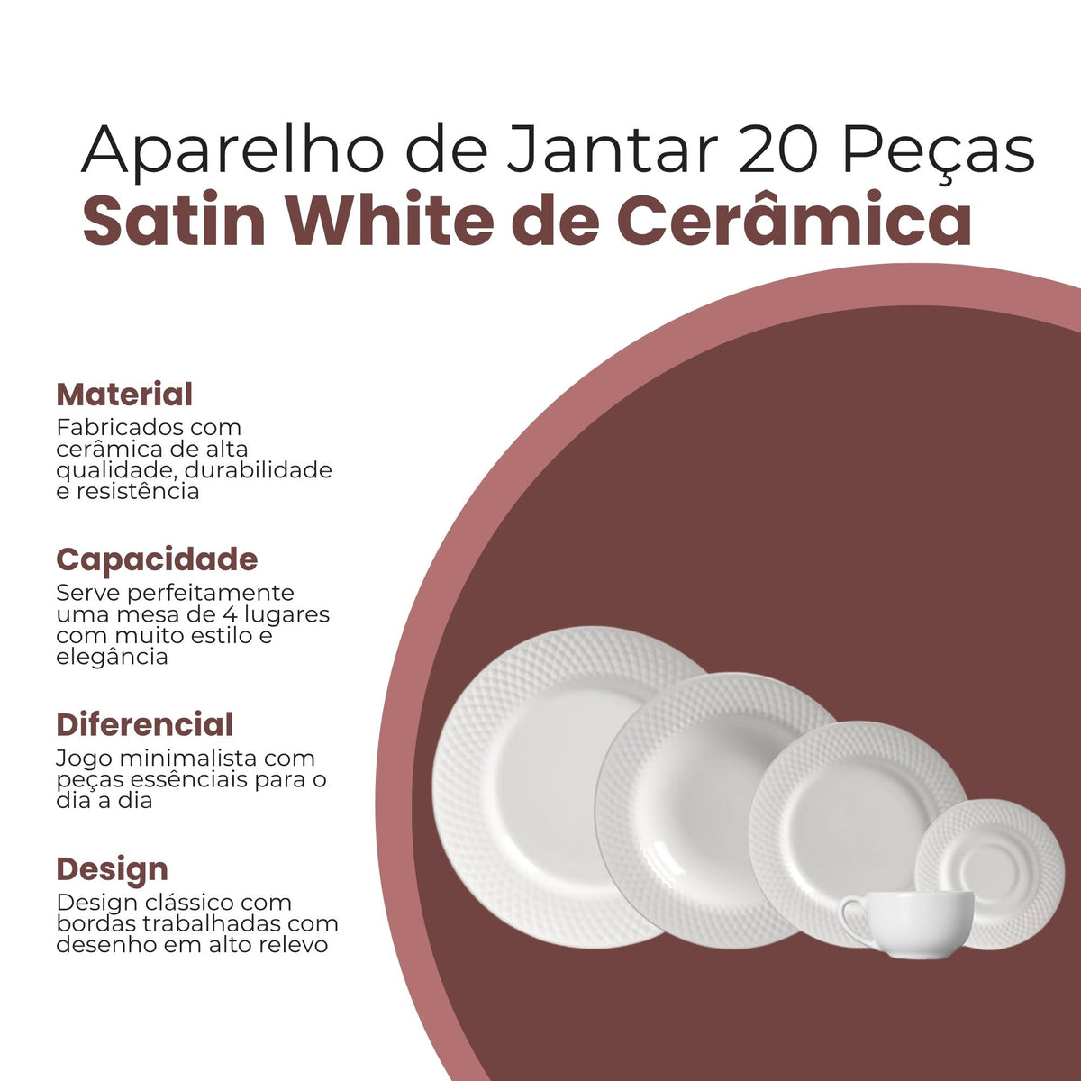 Aparelho de Jantar Satin White com 20 Peças de Cerâmica - Alleanza