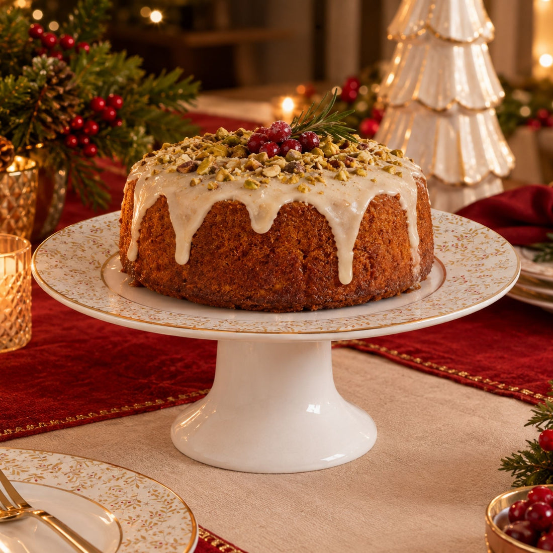 Porta Torta Christmas Lights de Cerâmica Branco 32cm - Scalla