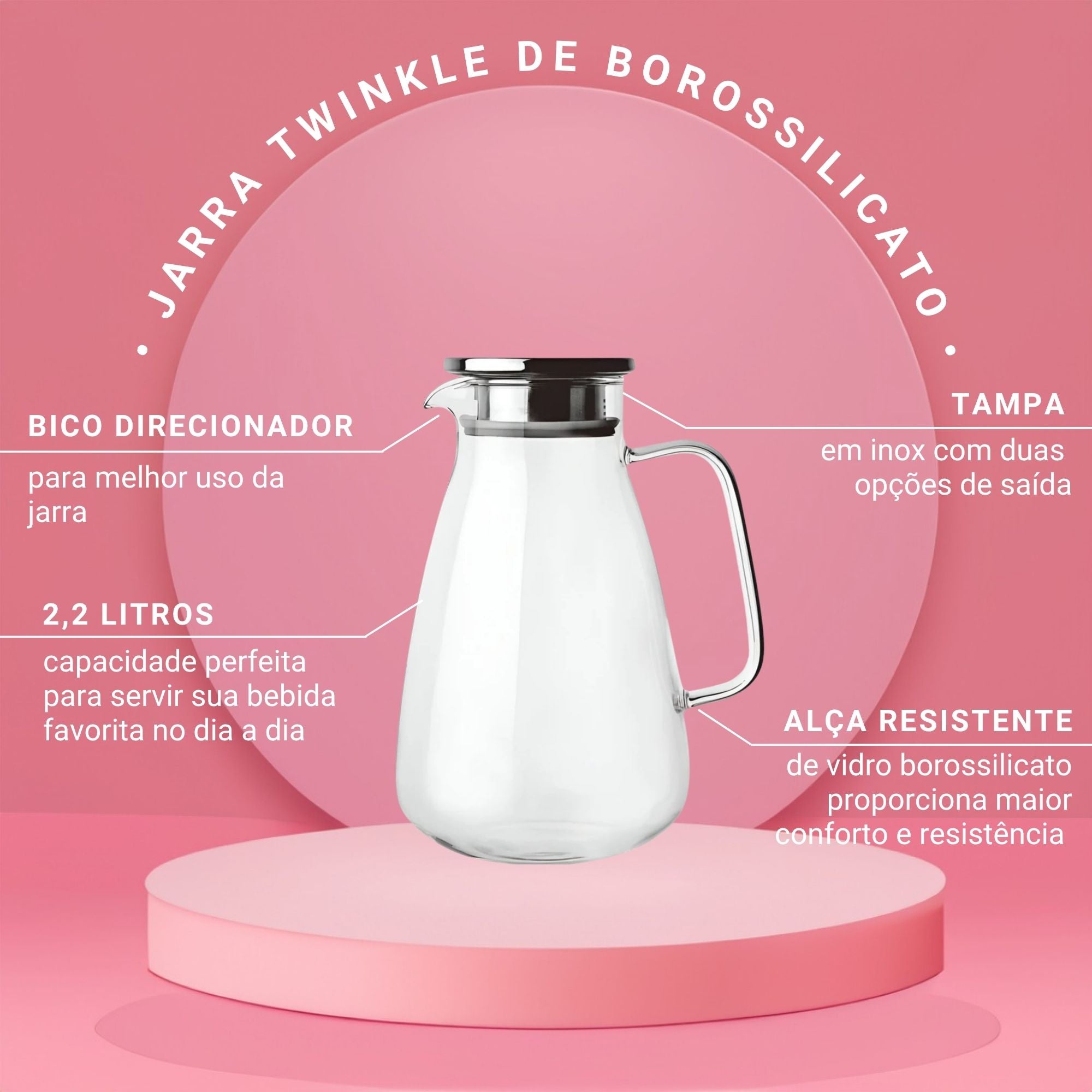 Jarra Twinkle de Vidro Borossilicato com Tampa em Aço Inox 2,2L - Fracalanza