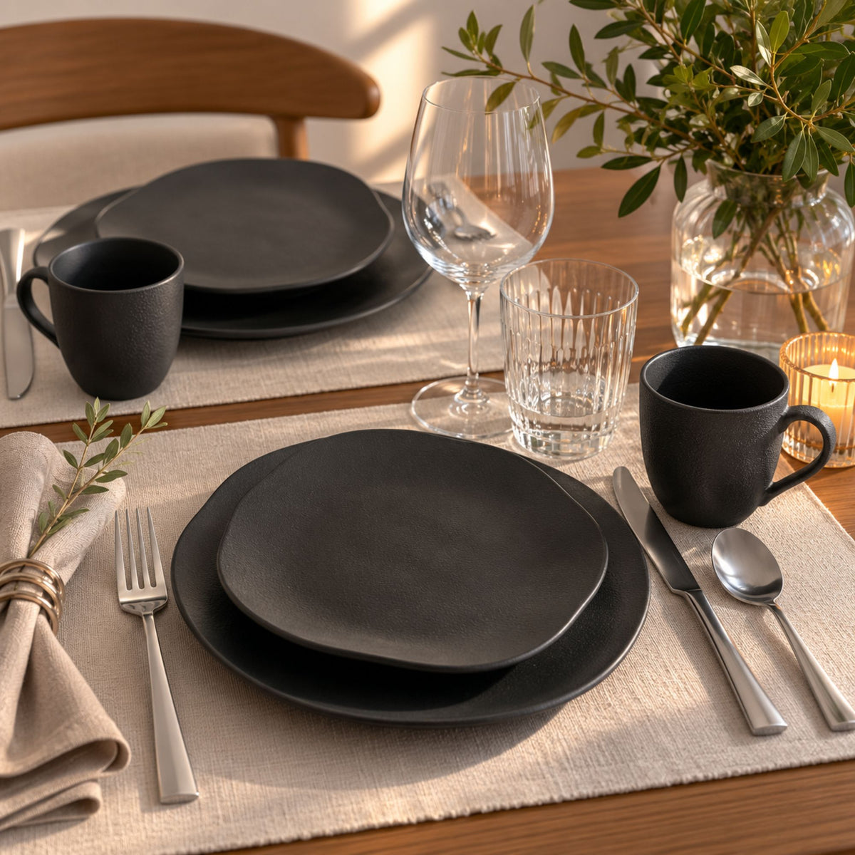Aparelho de Jantar Orgânico Preto Matte com 16 Peças de Stoneware - Porto Brasil