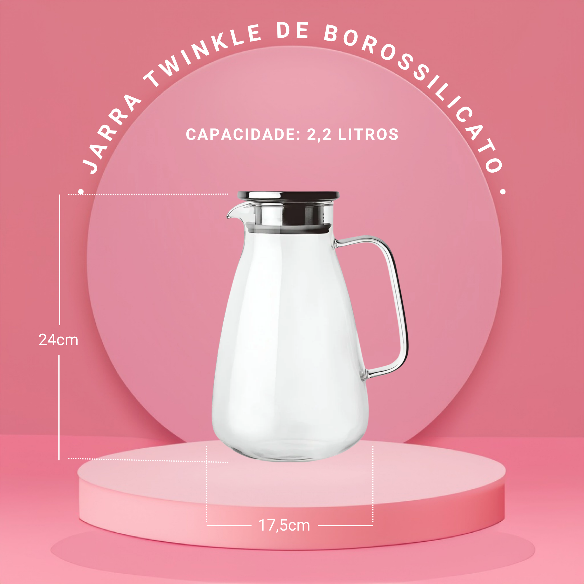 Jarra Twinkle de Vidro Borossilicato com Tampa em Aço Inox 2,2L - Fracalanza