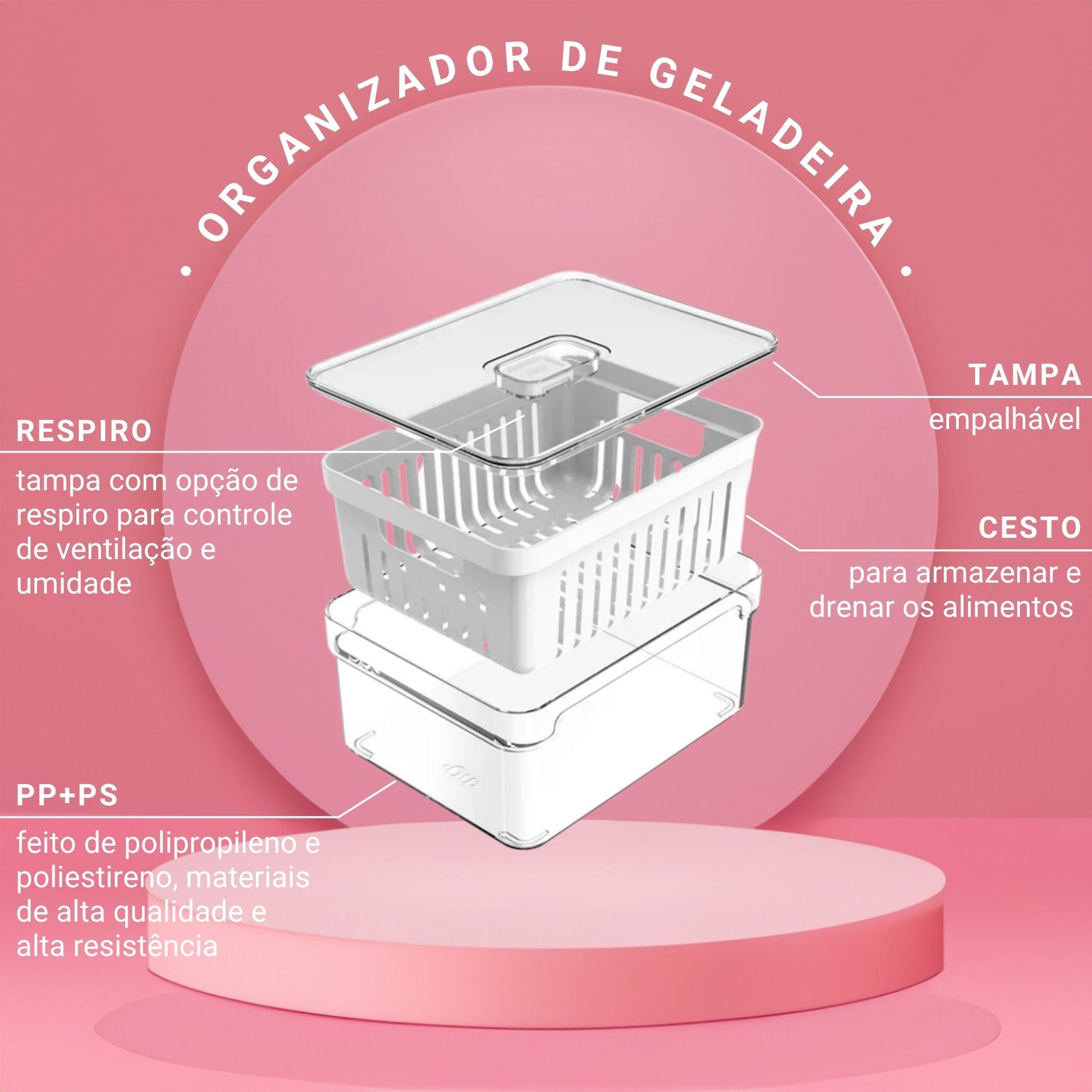 Conjunto de 2 Organizadores de Geladeira com Cesto Clear Fresh 2,2L - Ou
