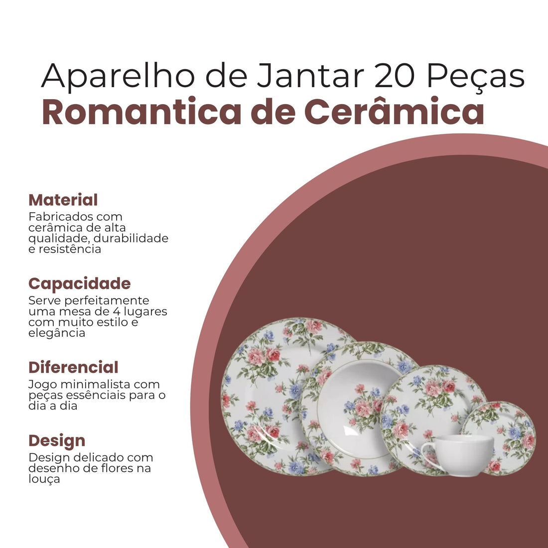 Aparelho de Jantar Romantica com 20 Peças de Cerâmica - Alleanza