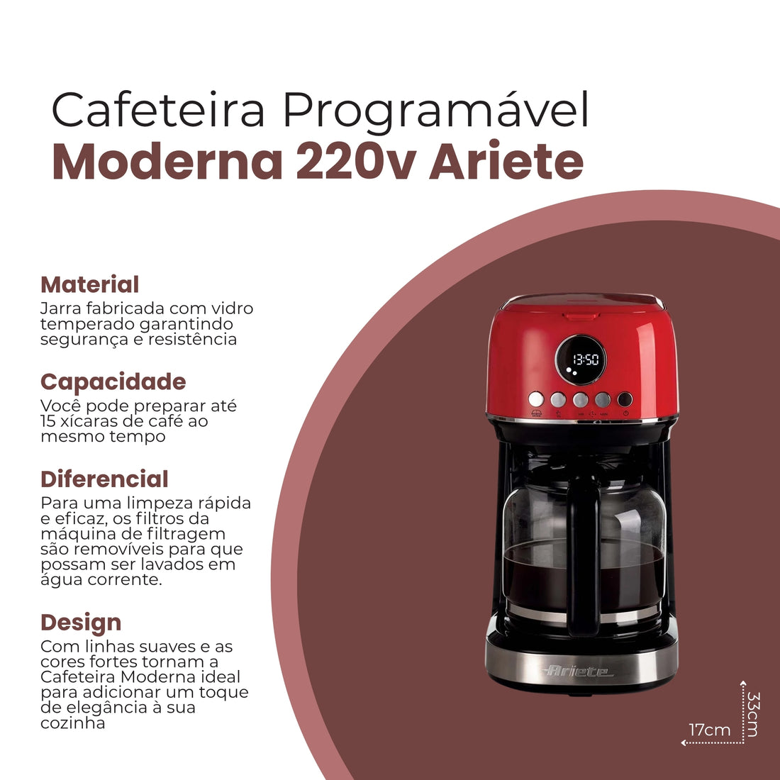 Cafeteira Programável Moderna Vermelha 220V - Ariete 