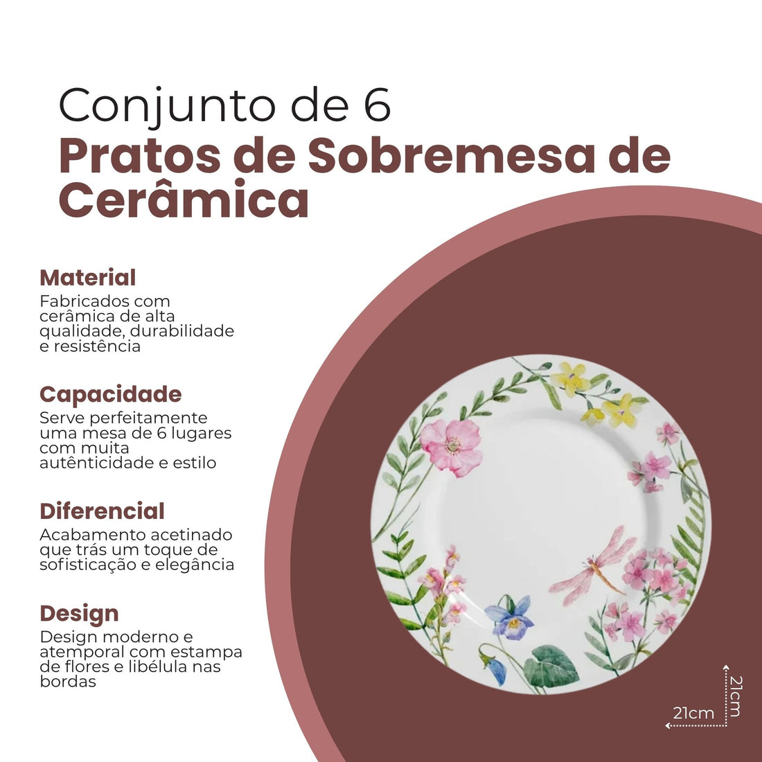 Conjunto 6 Pratos de Sobremesa Campestre de Cerâmica 21cm - Alleanza
