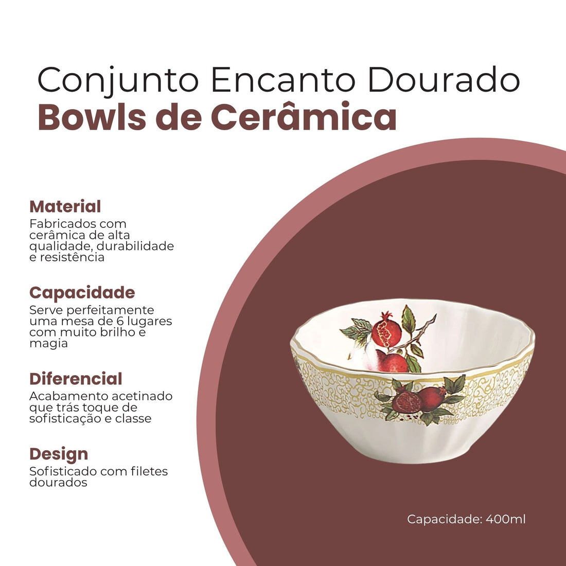 Conjunto 6 Bowls Encanto Dourado de Cerâmica 400ml - Scalla