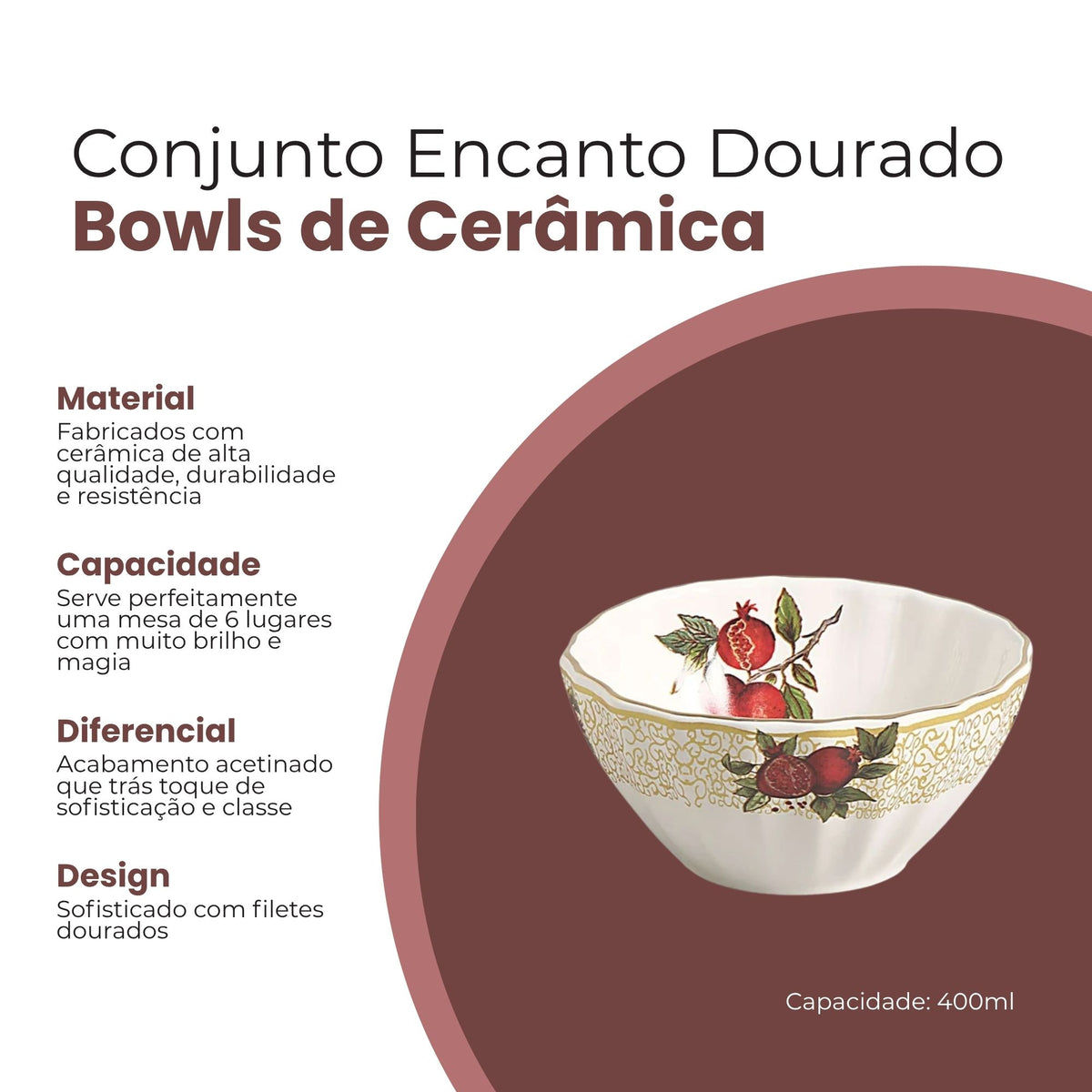Conjunto 6 Bowls Encanto Dourado de Cerâmica 400ml - Scalla