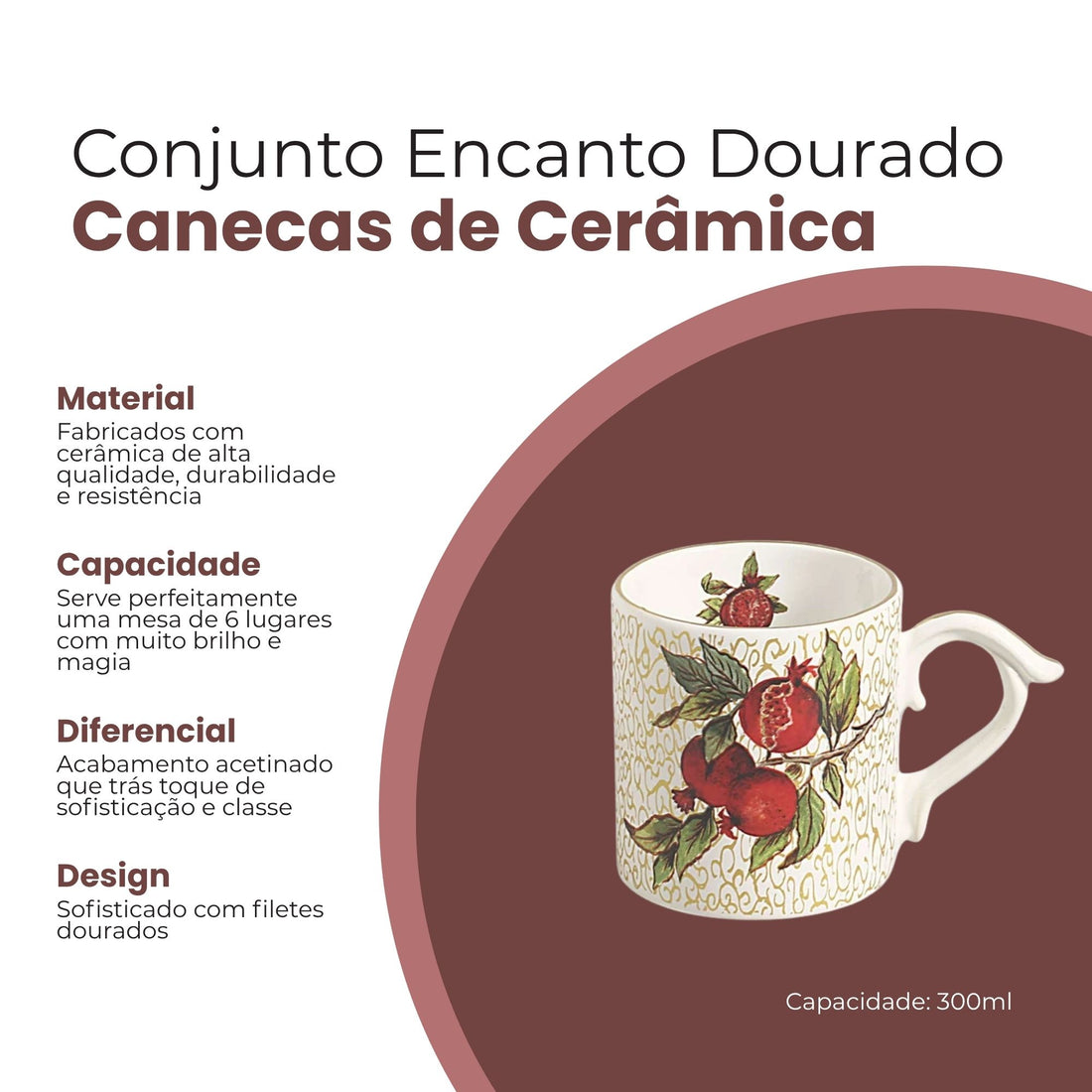 Conjunto 6 Canecas Encanto Dourado de Cerâmica 300ml - Scalla