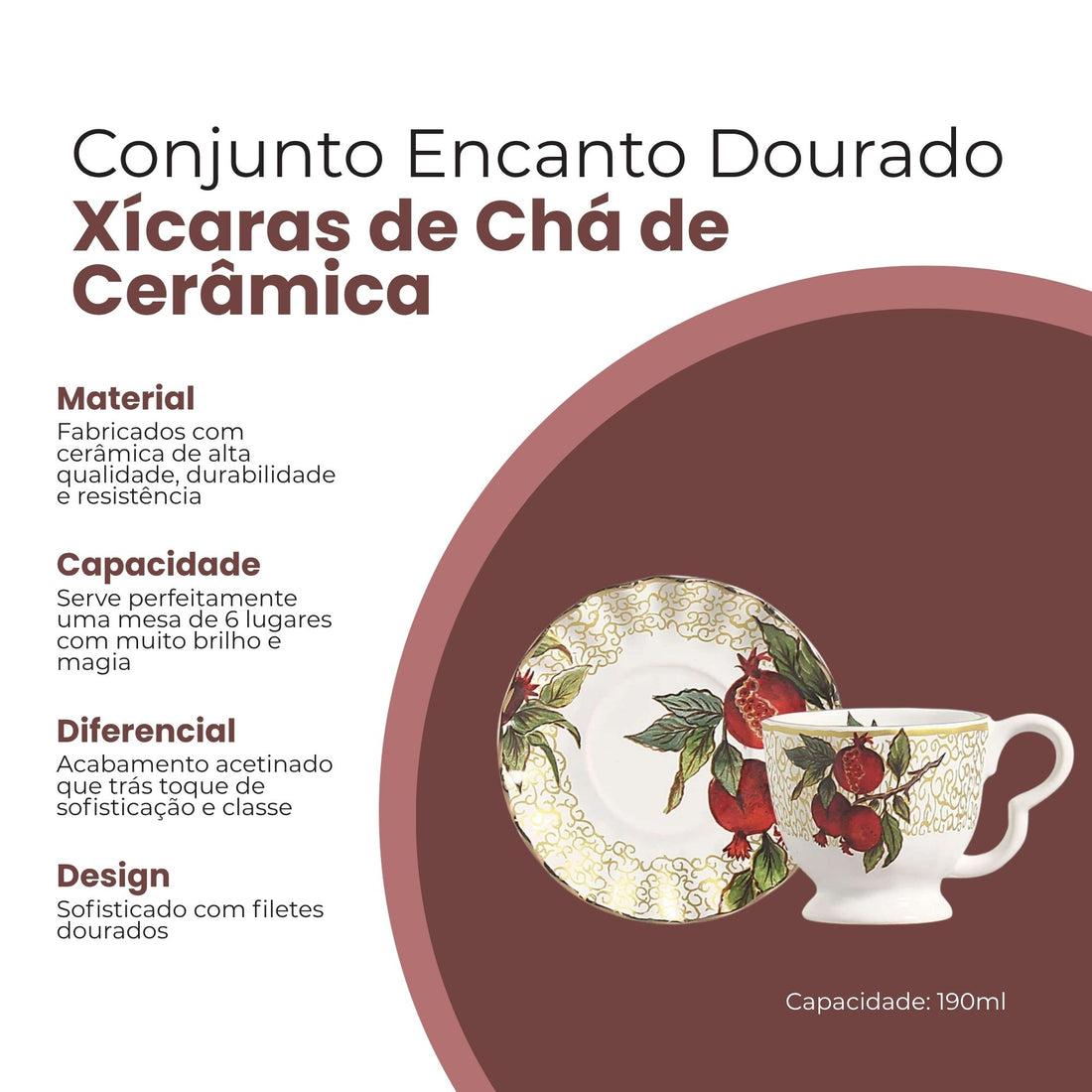 Conjunto 6 Xícaras de Chá Encanto Dourado de Cerâmica 190ml - Scalla