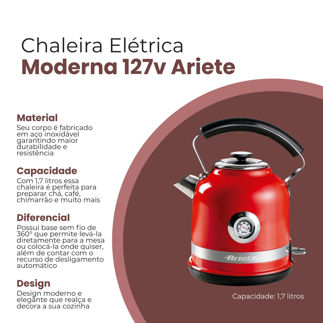 Chaleira Elétrica Moderna Vermelha 1,7L 127V - Ariete