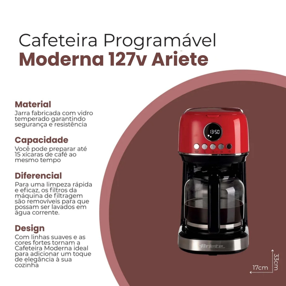 Cafeteira Programável Moderna Vermelha 127V - Ariete 