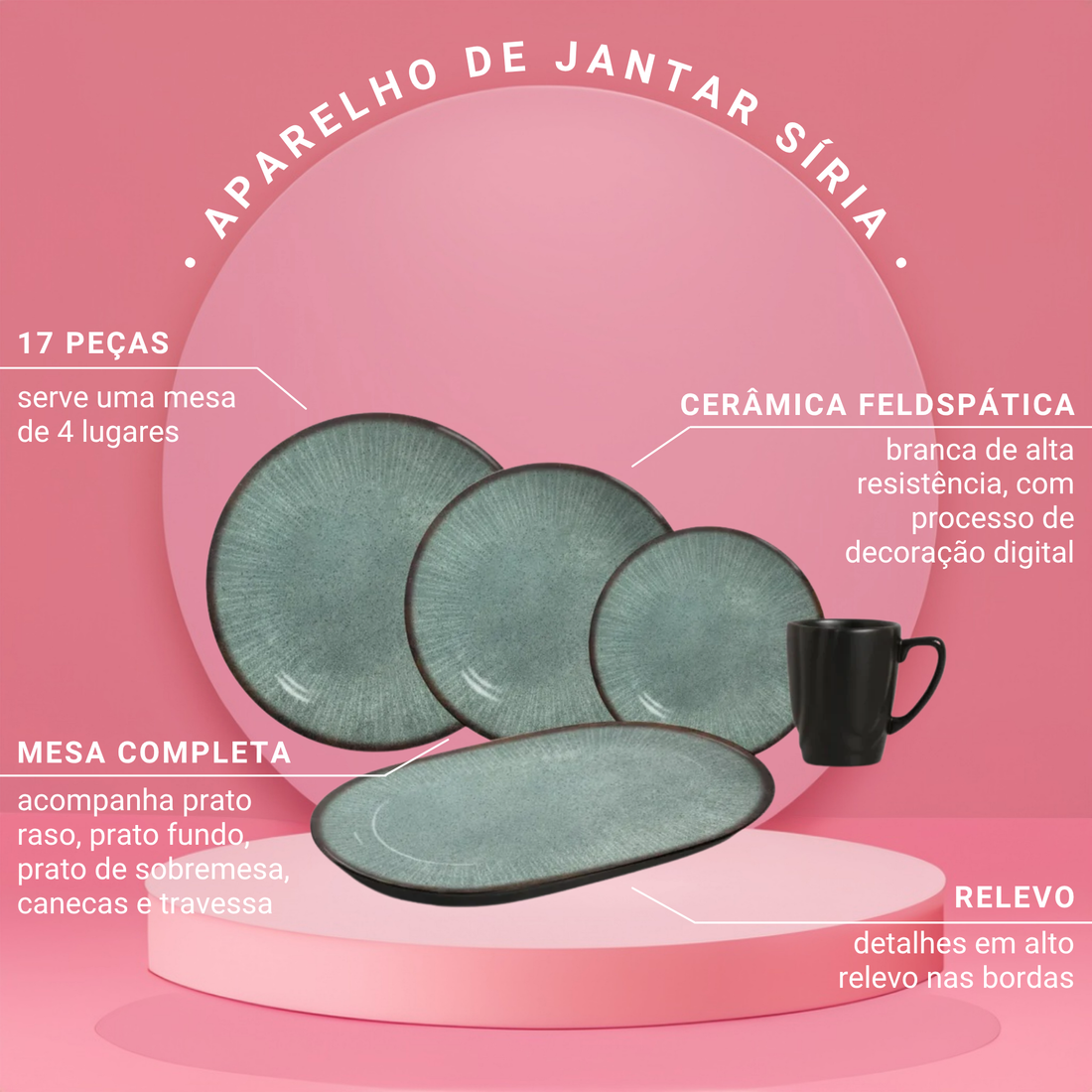 Aparelho de Jantar com 17 Peças de Cerâmica Síria - Alleanza