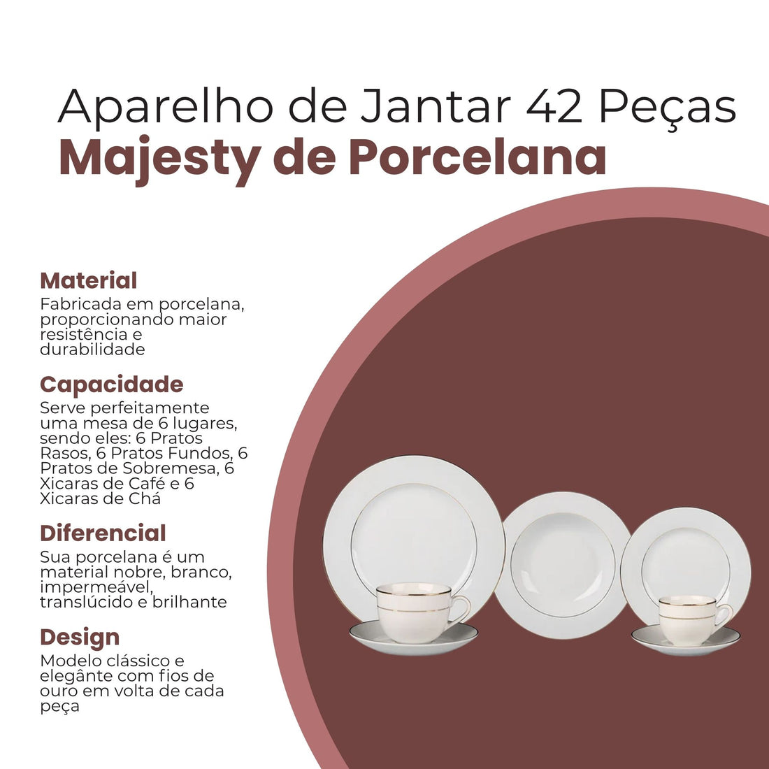Aparelho de jantar Majesty Gold com 42 Peças de Porcelana -  L'Hermitage