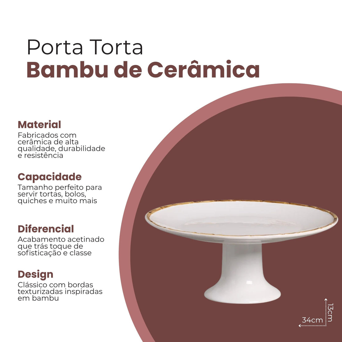 Porta Torta Bambu de Cerâmica Branco 34cm - Scalla