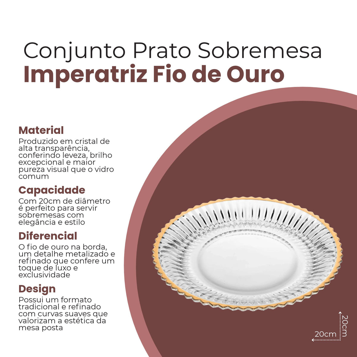 Conjunto 4 Pratos para Sobremesa com Fio de Ouro Império 20cm Cristal - Wolff