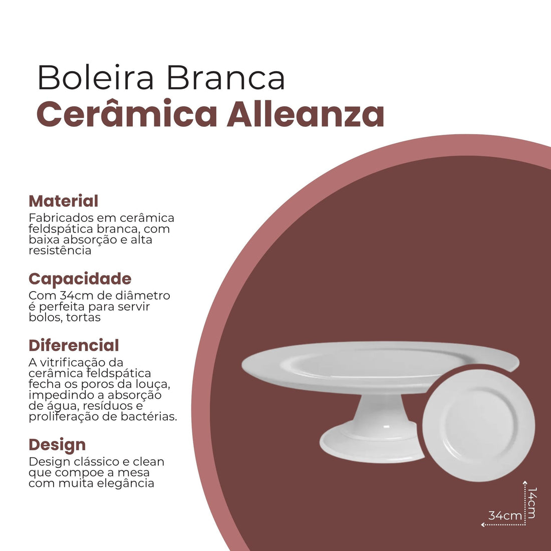 Boleira de Cerâmica Branca 34cm - Alleanza