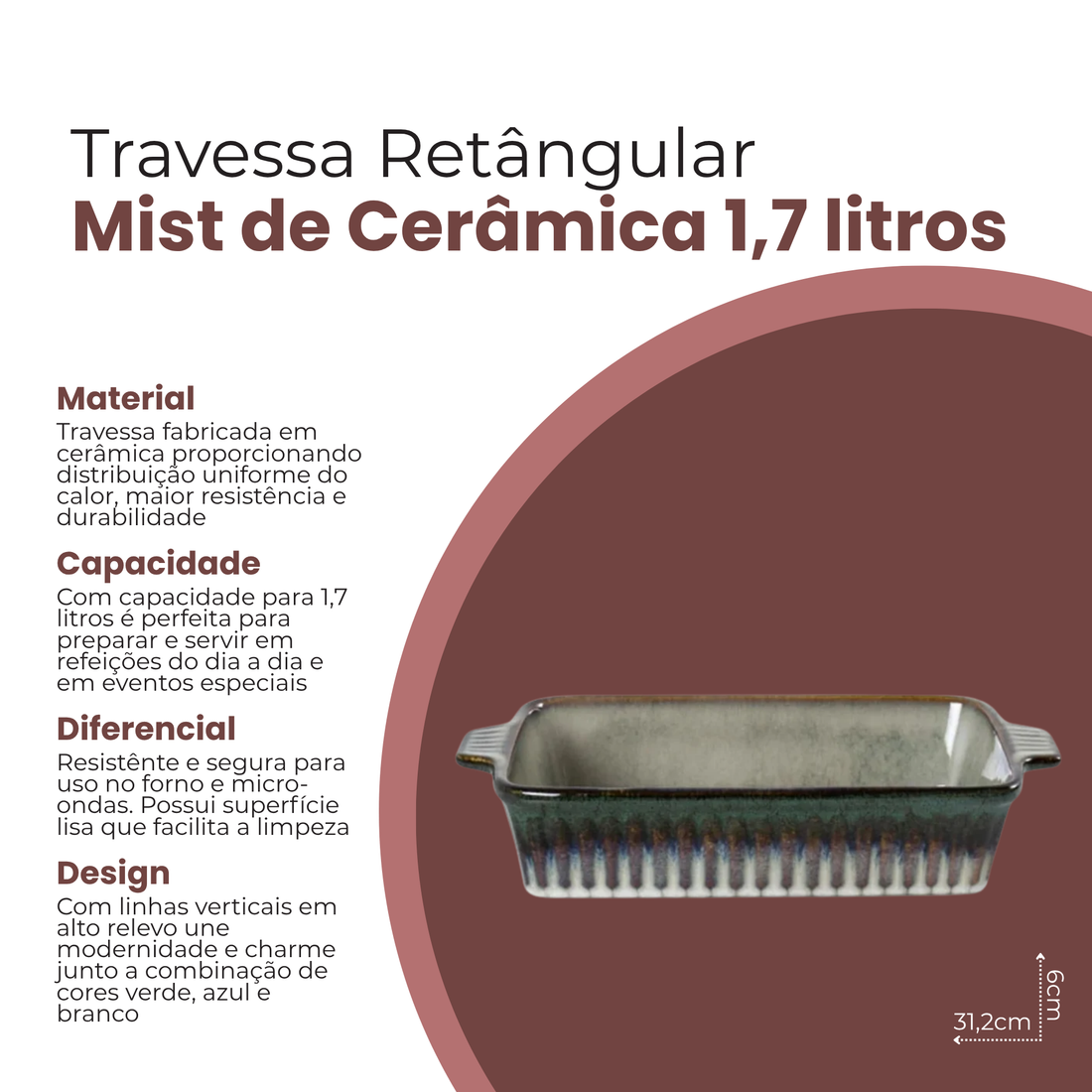 Travessa Mist Retangular de Cerâmica 1,7L - L'Hermitage