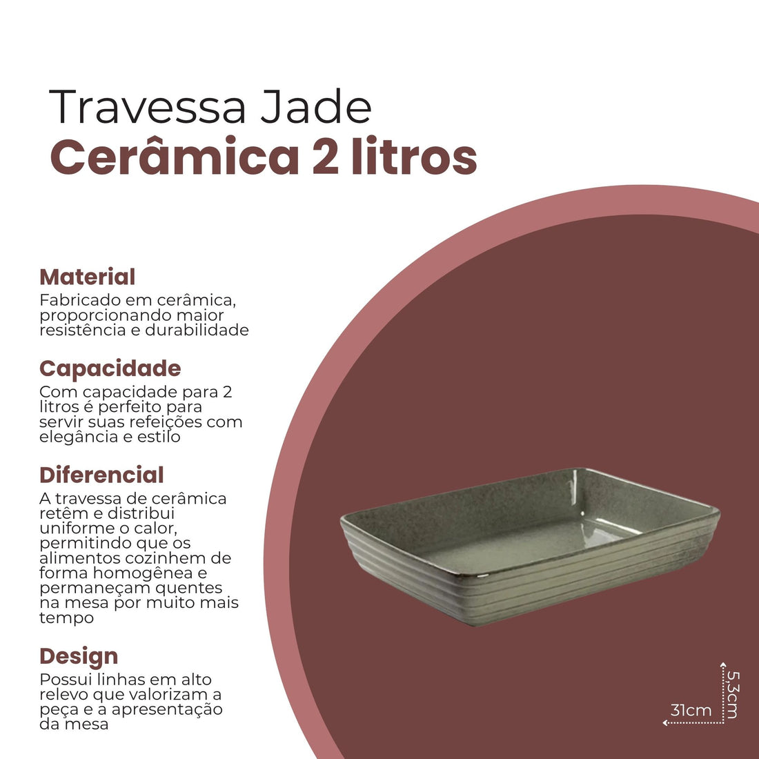 Travessa Jade Retangular de Cerâmica 2L - L'Hermitage
