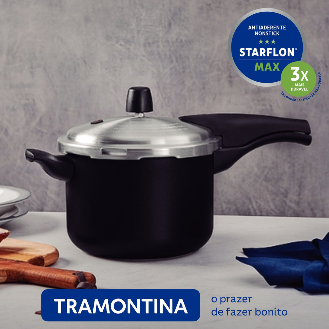  Panela de Pressão em Alumínio com Revestimento Antiaderente Starflon Max Vancouver Preto 4,5L - Tramontina